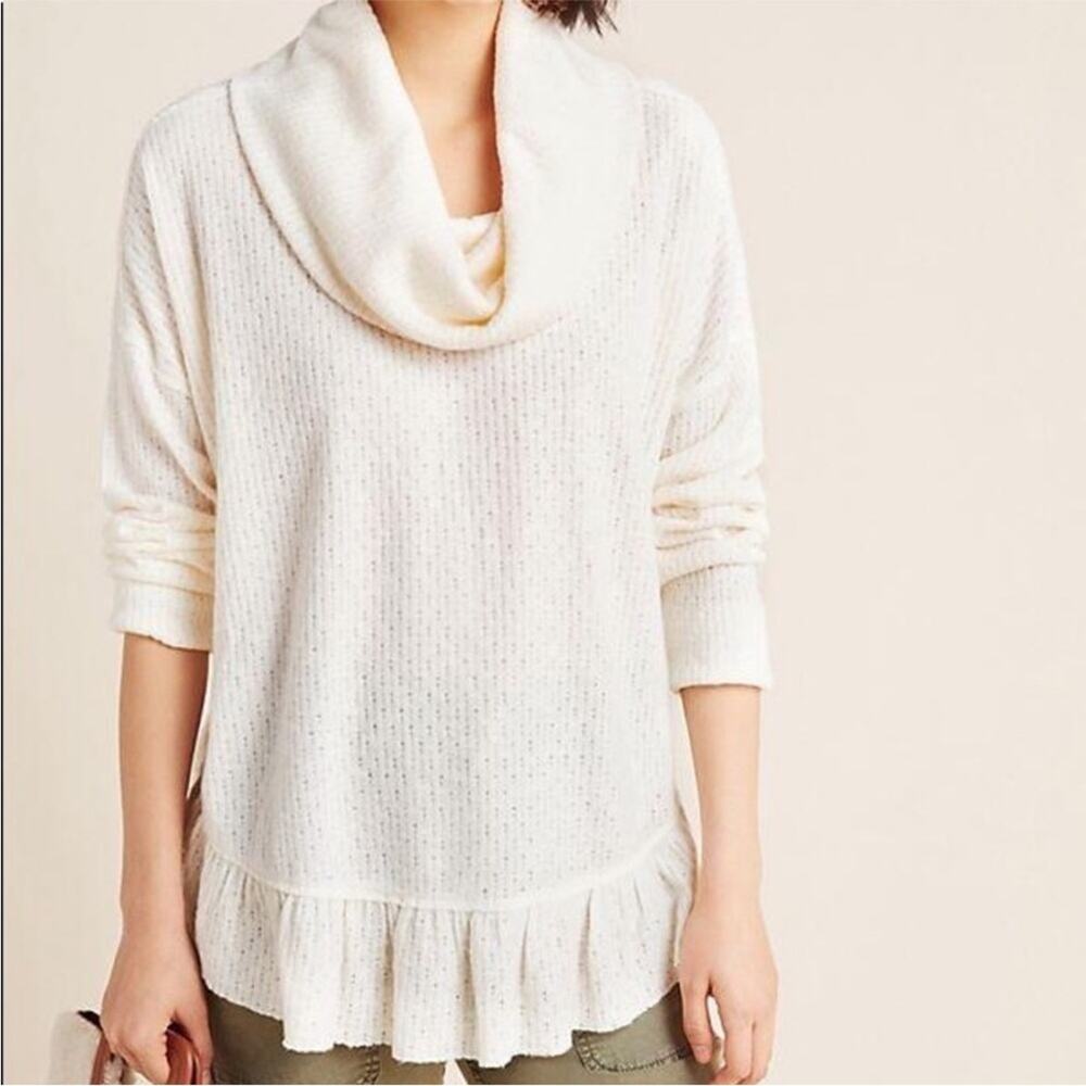 Anthropologie Maeve cream cowl neck ruffle hem knit top size Medium